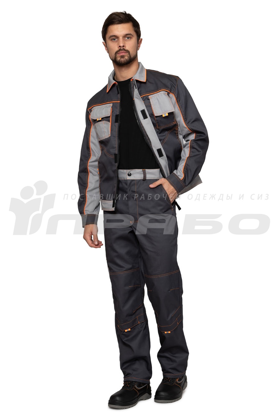 Костюм Бренд 1 (тк.Смесовая,240) брюки ПРАБО, т.серый/св.серый/оранж (Кос105сс)